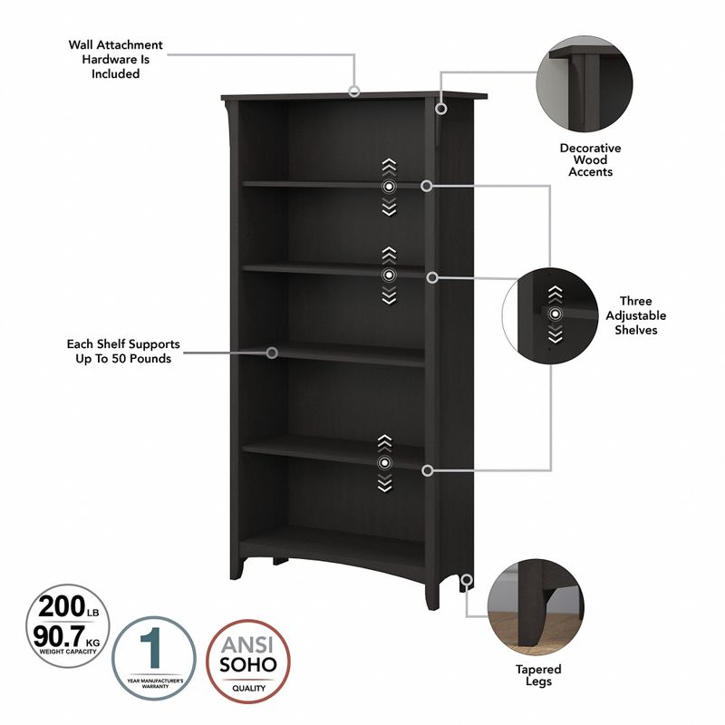 Salinas Tall 5 Shelf Bookcase - Set of 2 by Bush Furniture - Vintage Black