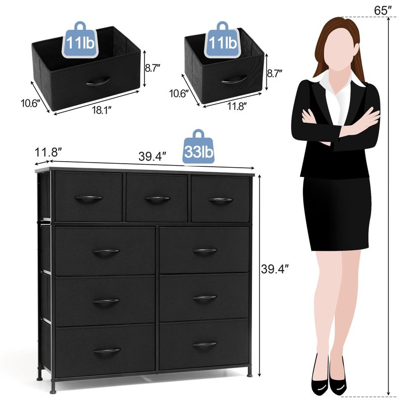 Home Extra Wide Closet Dresser Storage Tower Organizer Unit 9 Drawers - Black - 9-drawer