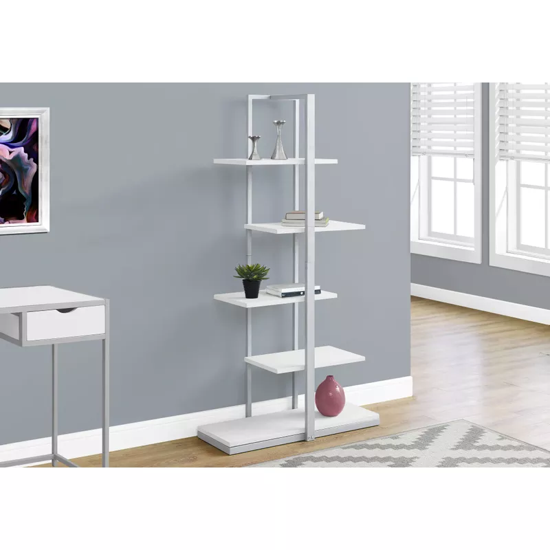 Bookshelf/ Bookcase/ Etagere/ 5 Tier/ 60"H/ Office/ Bedroom/ Metal/ Laminate/ White/ Grey/ Contemporary/ Modern