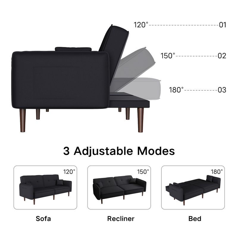 Convertible Futon Sofa Bed with Solid Wood Legs in Cotton Linen Fabric - Black