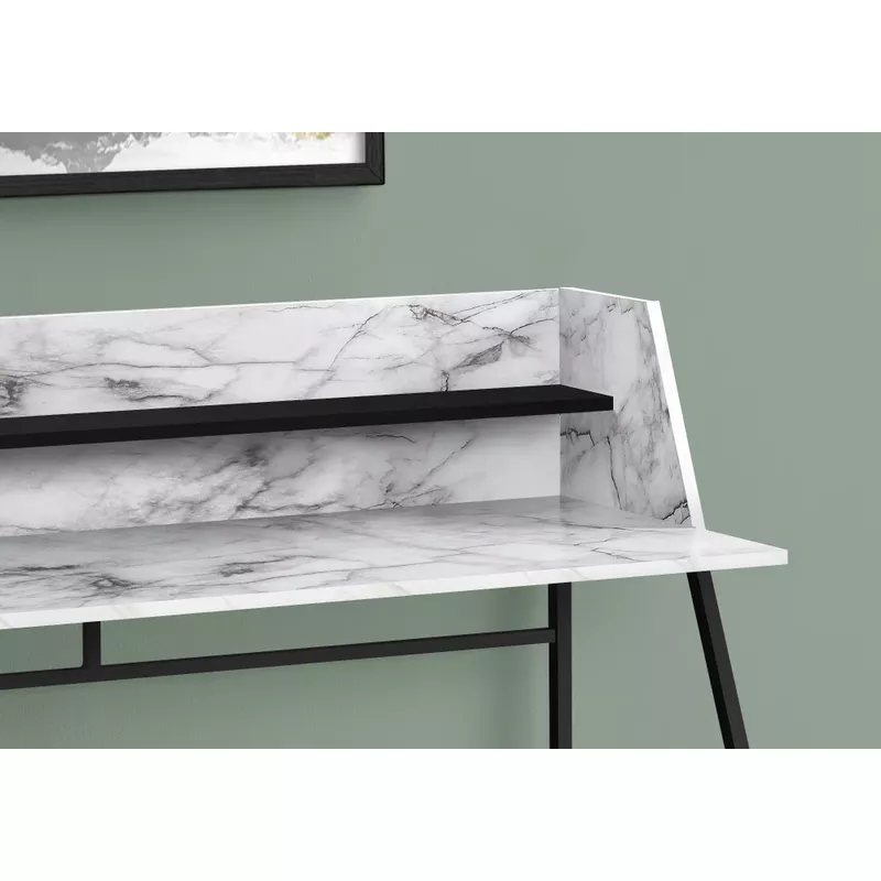 Computer Desk/ Home Office/ Laptop/ Storage Shelves/ 48"L/ Work/ Metal/ Laminate/ White Marble Look/ Black/ Contemporary/ Modern