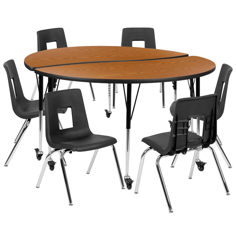 Mobile 60" Circle Wave Collaborative Laminate Activity Table Set with 18" Student Stack Chairs, Grey/Black - Grey