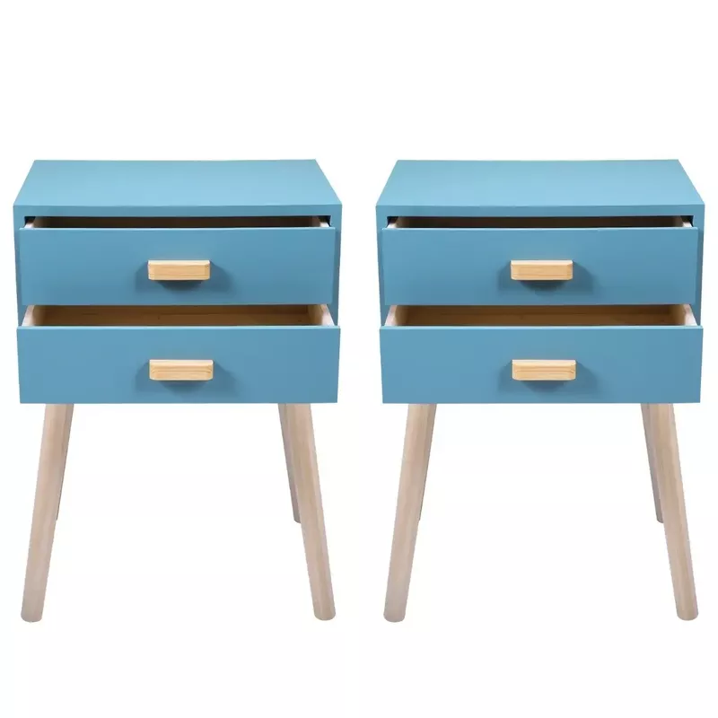 Set of 2 Double Drawer Wooden Handle Bedside Table - 2-drawer - Blue