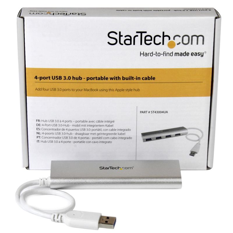 StarTech 4-Port Portable Apple Style USB 3.0 Hub with Built-In Cable, Silver & White