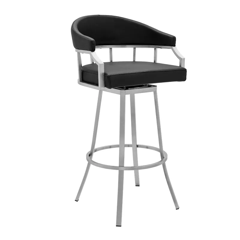 Valerie 30" Bar Height Swivel Modern Black Faux Leather Bar and Counter Stool in Brushed Stainless Steel Finish