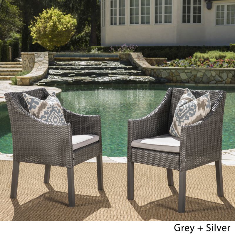 Antibes Outdoor Wicker Dining Chairs with Cushions by Christopher Knight Home - Grey + Silver