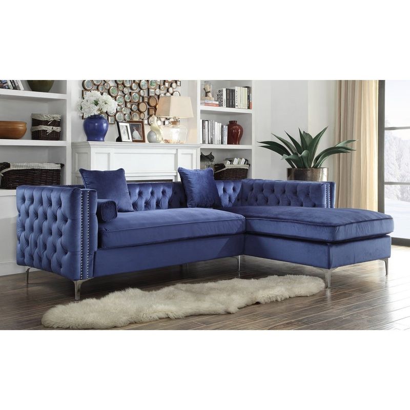 Chic Home Monet Velvet Silver Right Facing Sectional Sofa, Navy - Right Facing - Blue