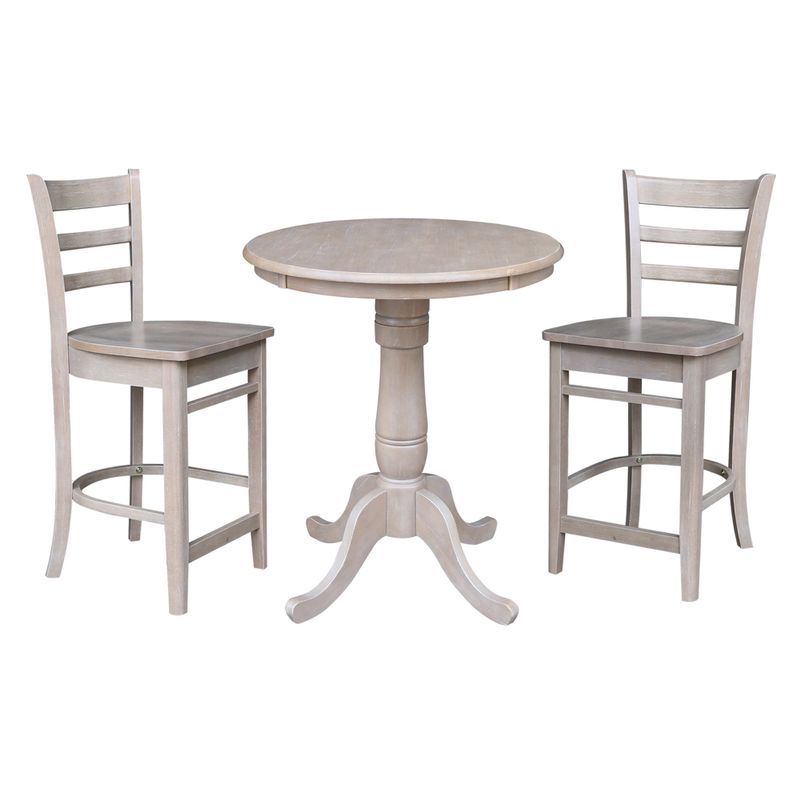 30" Round Pedestal Gathering Height Table with 2 Stools - 3 Piece Set - Washed Gray Taupe