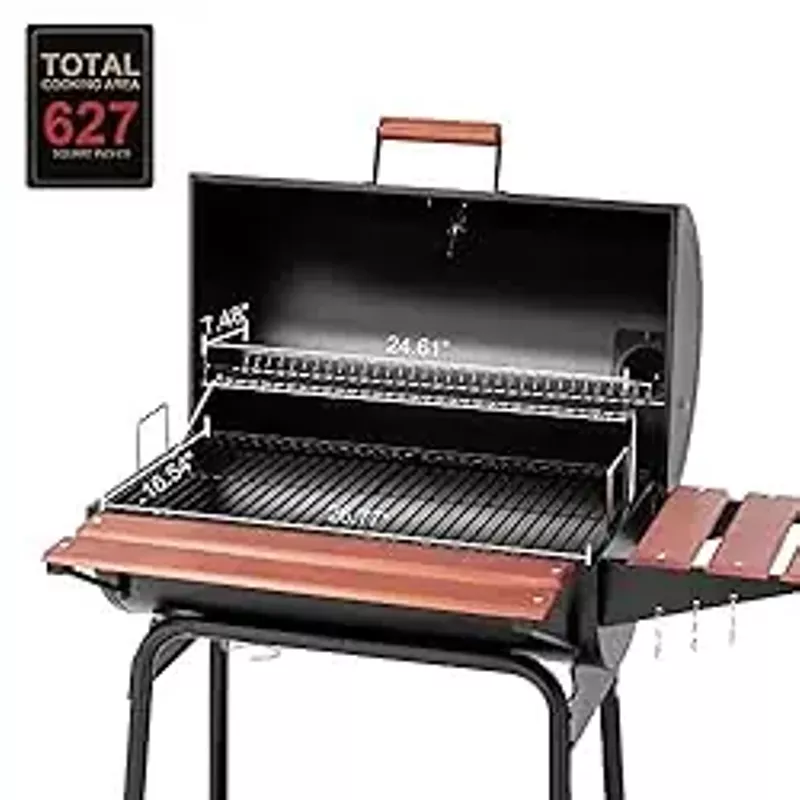 Royal Gourmet CC1830V 30 Barrel Charcoal Grill with Wood-Painted Side Front Table, 627 Square Inches Cooking Space, for Outdoor Backyard, Patio and Parties, Black
