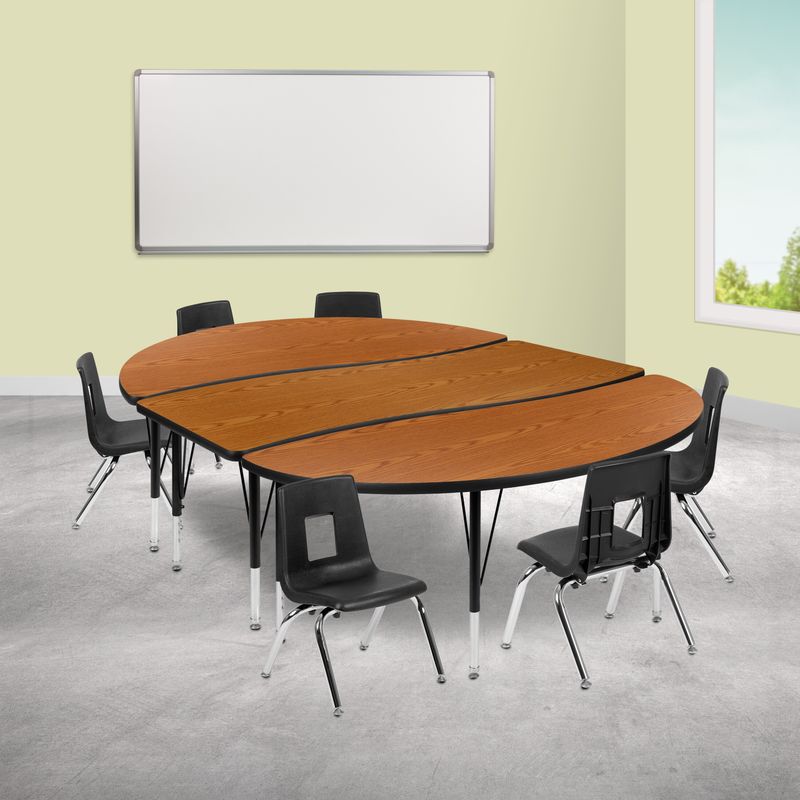 86" Oval Wave Collaborative Laminate Activity Table Set with 12" Student Stack Chairs, Grey/Black - Oak
