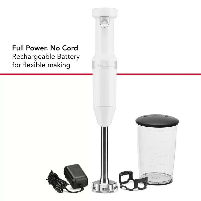 KitchenAid Cordless Variable Speed Hand Blender with Chopper and Whisk Attachment in White