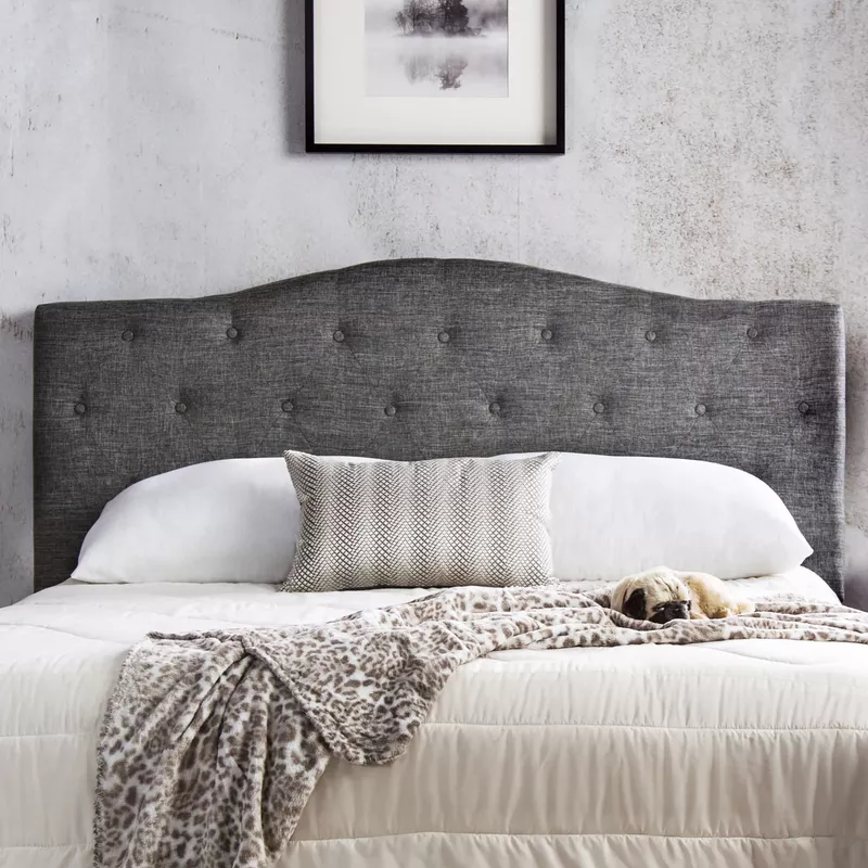 Transitional Fabric Full/Queen Tufted Headboard in Gray
