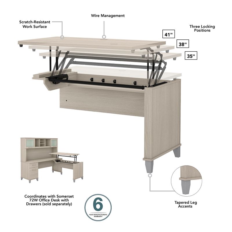 Somerset 72W Sit to Stand L-Desk with Hutch and Bookcase in Ash Gray - Maple Cross
