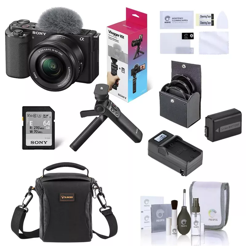 Sony ZV-E10 Mirrorless Camera with 16-50mm Lens, Black Bundle with ACCVC1 Vlogger Accessory Kit, Shoulder Bag, Screen Protector, Battery, Charger, 40.5mm Filter Kit, Cleaning Kit