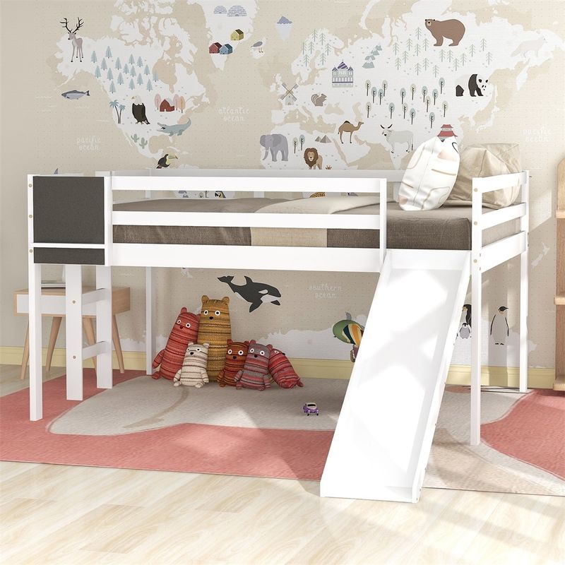 Merax Wood Loft Bed with Slide, Stair and Chalkboard - Grey - Twin