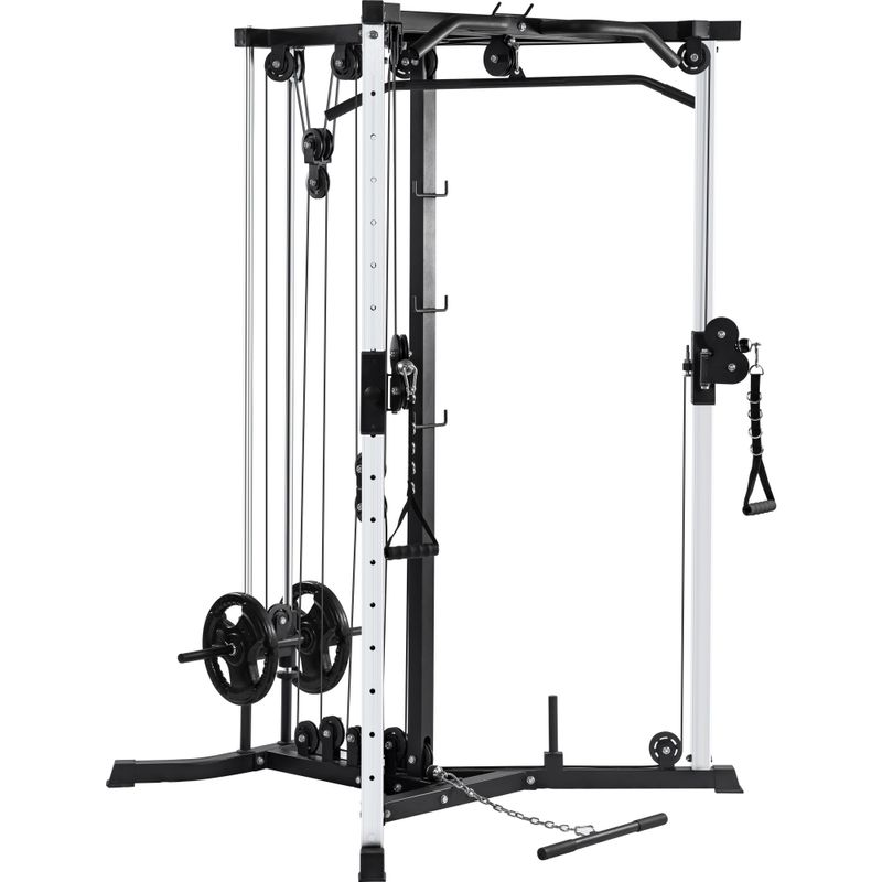 Nestfair Cable Crossover Machine Station Olympic Squat Cage Fitness Power Rack with LAT Pulldown and Low Row - Silver