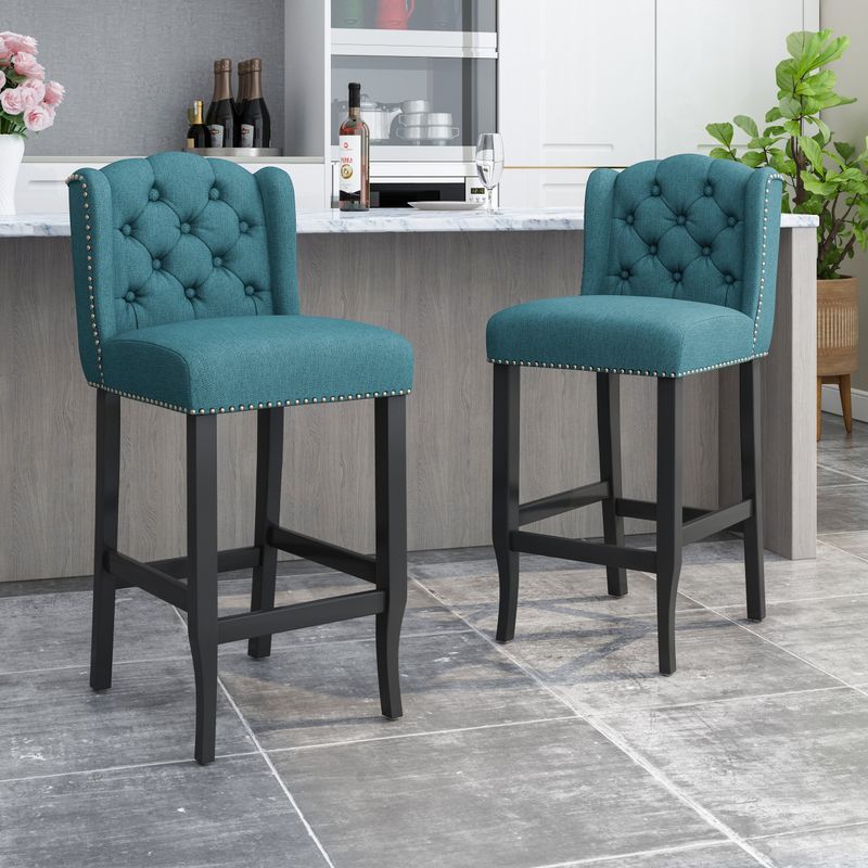 Foxwood Wingback Retro Bar Stools (Set of 2) by Christopher Knight Home - Navy Blue + Dark Brown