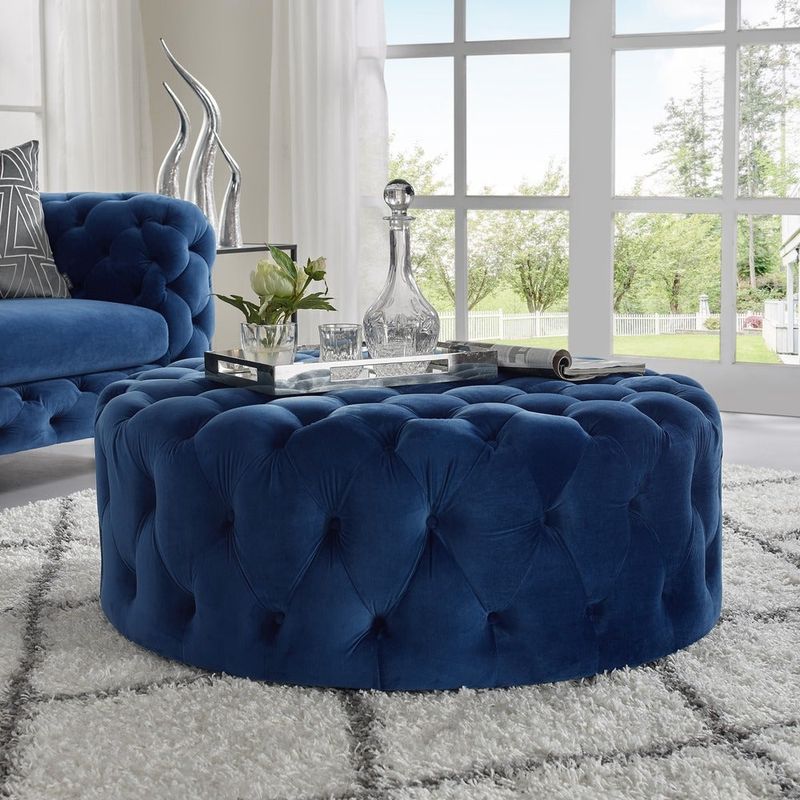 Corvus Chesterfield Round Tufted Velvet Ottoman with Casters - Navy blue
