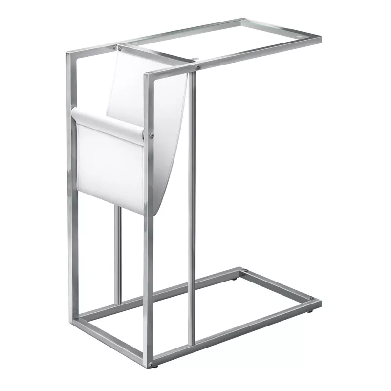 Accent Table/ C-shaped/ End/ Side/ Snack/ Magazine Storage/ Living Room/ Bedroom/ Metal/ Pu Leather Look/ Tempered Glass/ Chrome/ Clear/ Contemporary/ Modern