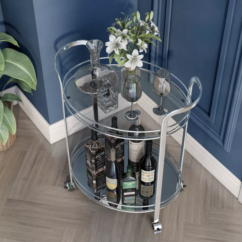 Contemporary Metal Rounded Design Serving Cart in Chrome