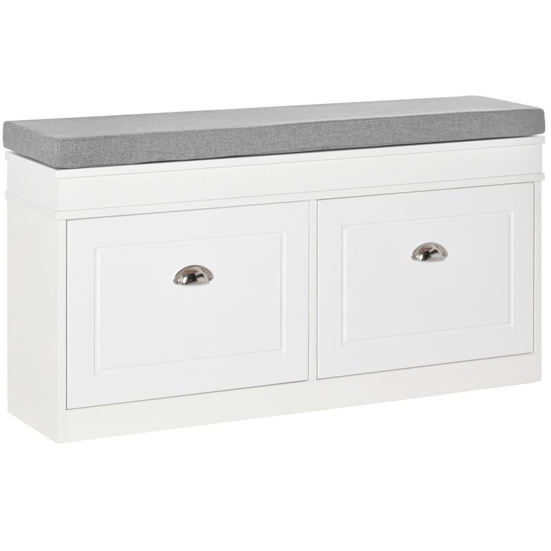 HOMCOM Shoe Rack Bench for Entryway Storage Organizer with Cushion 2 Drawers Adjustable Shelf, White - 41" x 9.5" x 21.75" - Grey