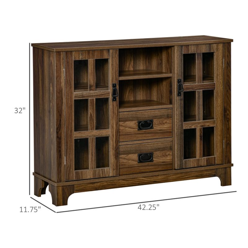HOMCOM Sideboard Storage Cabinet, Kitchen Cupboard Buffet Server with Glass Doors, 2 Drawers & Adjustable Shelves - Walnut