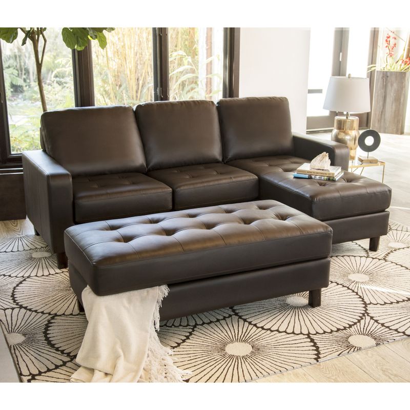 Abbyson Malden Tufted Leather Reversible Sectional and Ottoman - Black