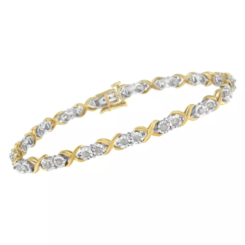 2 Micron 14K Yellow Gold Plated Sterling Silver 1ct. TDW Diamond X Link Bracelet (I-J,I3-Promo)