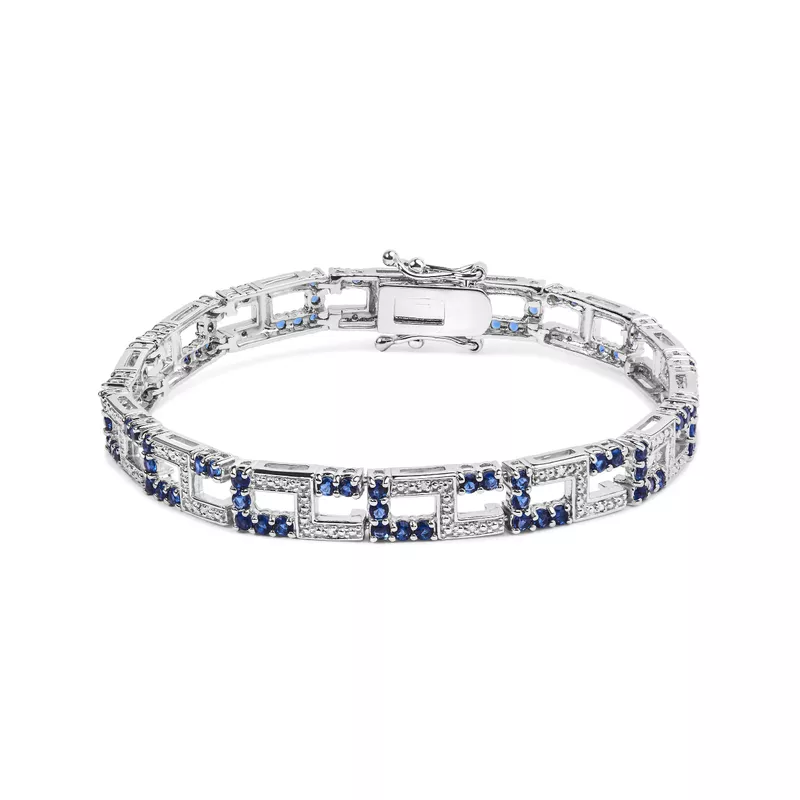 .925 Sterling Silver 4 4/5 Cttw Created Blue Sapphire and Diamond Accent Art Deco Style Open Link Tennis Bracelet (I-J Color, I3 Clarity) - 7.5 inches"