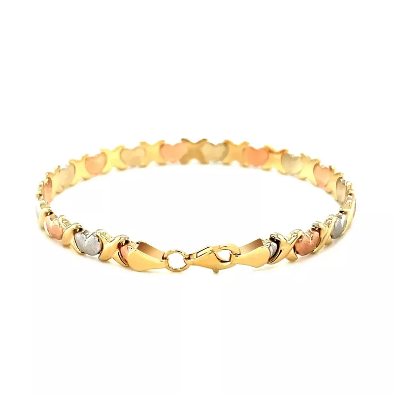 14k Tri Color Gold Fancy Satin Heart Line Bracelet (7.25 Inch)