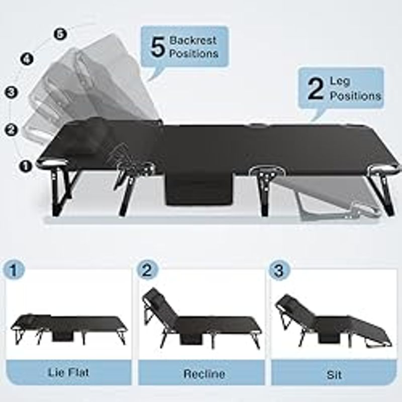 Suteck Folding Camping Cot, Adjustable 6-Position Reclining Portable Outdoor Cot Heavy Duty Sleeping Bed Cots w/Pillow Mat Carry Bag,...