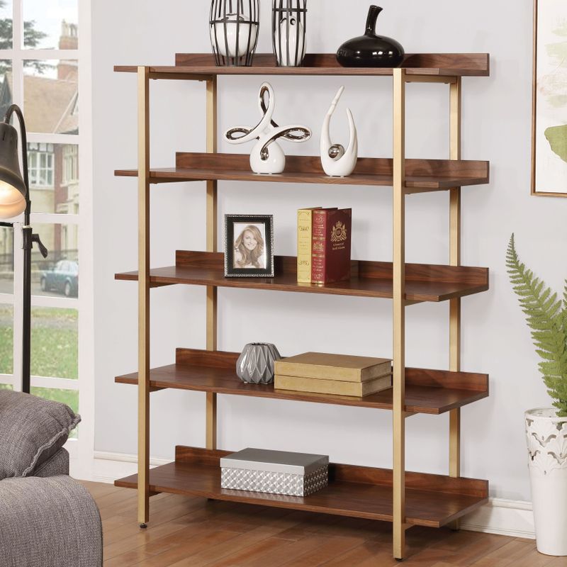Furniture of America Rayna I Contemporary Light-walnut-finished Veneer and Goldtone-finished Metal Open 5-tier Display Shelf - Light...