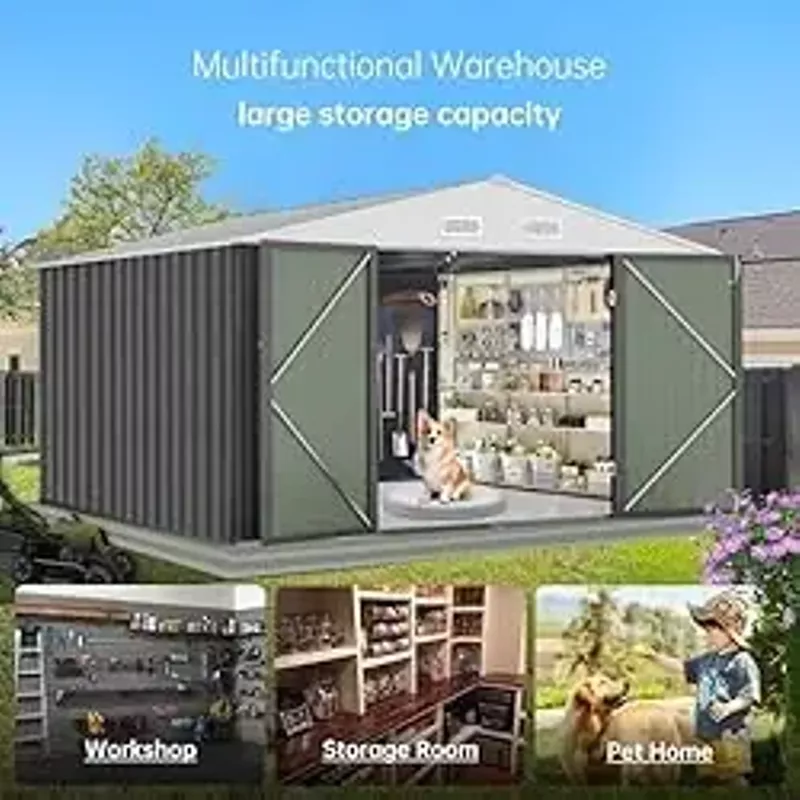 Zstar 10x8 FT Metal Outdoor Storage Shed,Steel Utility Tool Shed Storage House with Lockable Door Design, Metal Sheds Outdoor Storage for Garden, Patio, Backyard, Outside Use, Grey