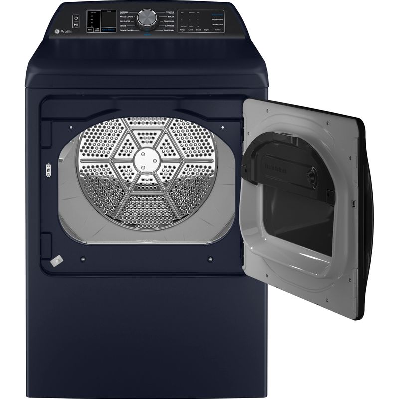 Angle Zoom. GE Profile - 7.3 cu. ft. Smart Electric Dryer with Fabric Refresh, Steam, and Washer Link - Sapphire Blue