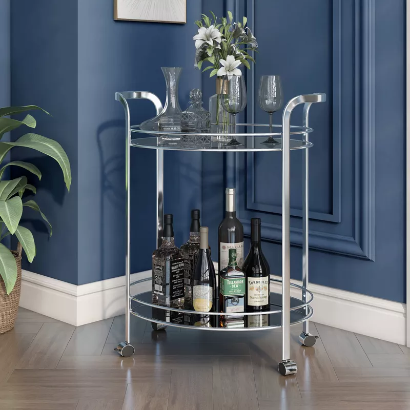 Contemporary Metal Rounded Design Serving Cart in Chrome