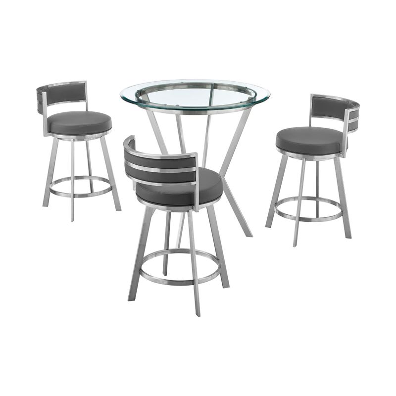 Naomi and Roman Counter Height Dining Set in Grey Faux Leather - 4-Piece Sets - Brushed Stainless Steel & Gray
