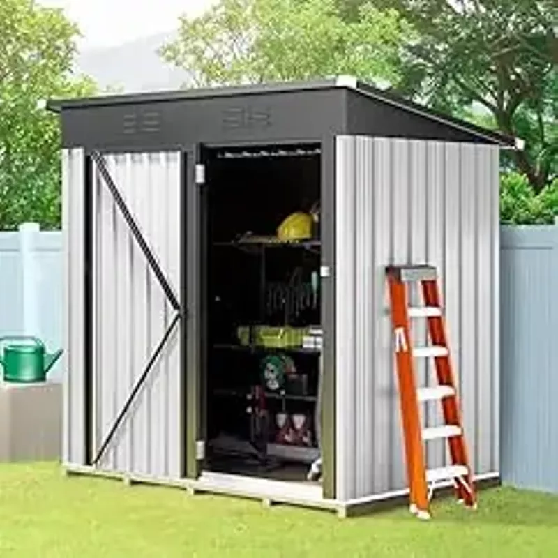 DWVO Metal Outdoor Storage Shed 5x3ft, Lockable Tool Sheds Storage with Air Vent for Garden, Patio, Lawn to Store Garbage Can, Lawnmower, White
