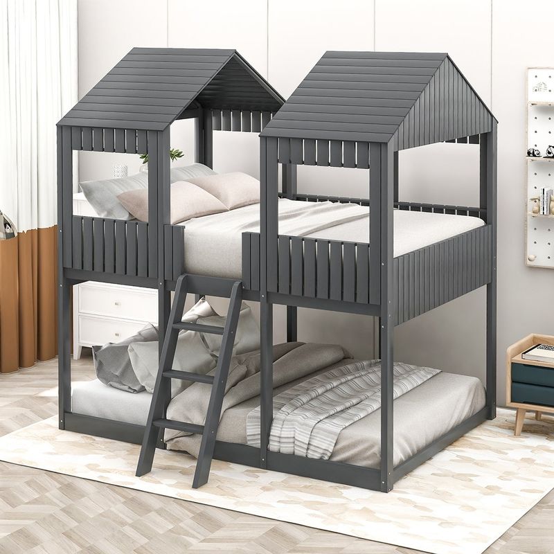 Merax Full over Full Wood Tower Bunk Bed with Roof - Antique Grey