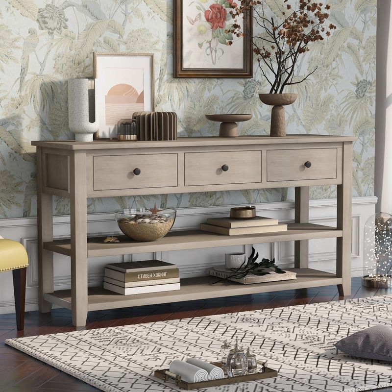 Nestfair Solid Wood Console Table with Three Top Drawers and Two Open Shelves - Beige