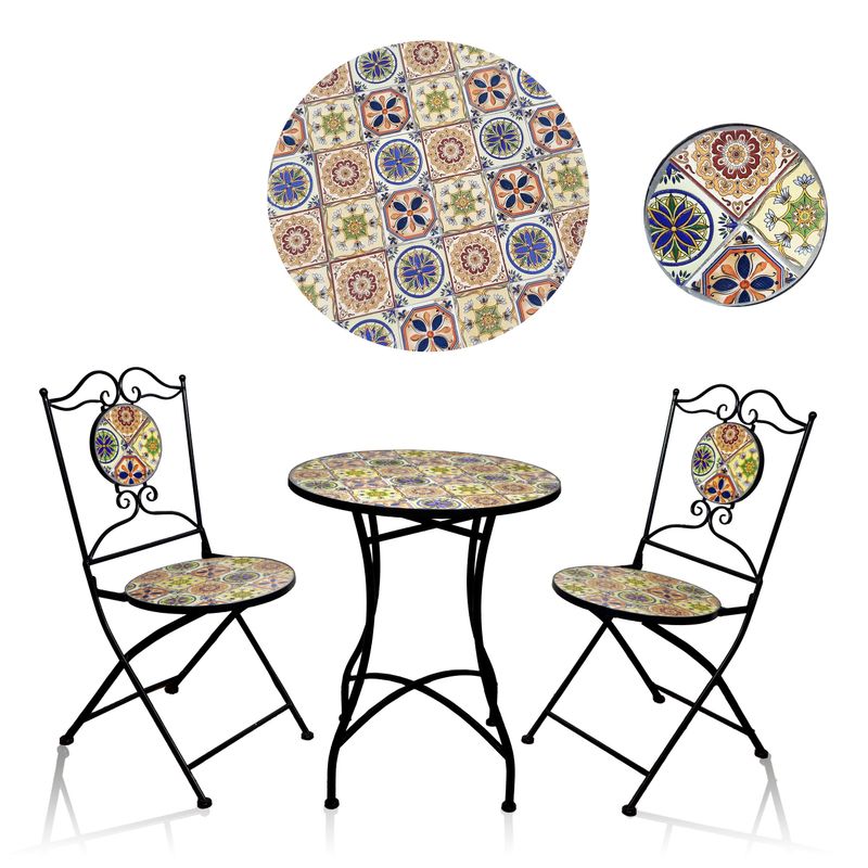 Alpine Mediterranean Tile Patio Bistro Set with Table and Chairs - White