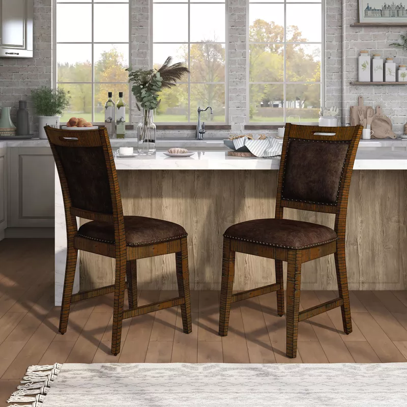 Rustic Wood Counter Height Chairs in Distressed Dark Oak (Set of 2)