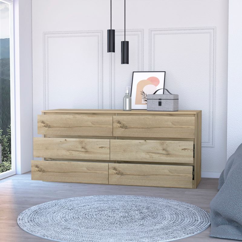 FM FURNITURE Seul Modern Minimal Six Drawer Double Dresser with Superior Top - Light Grey-White