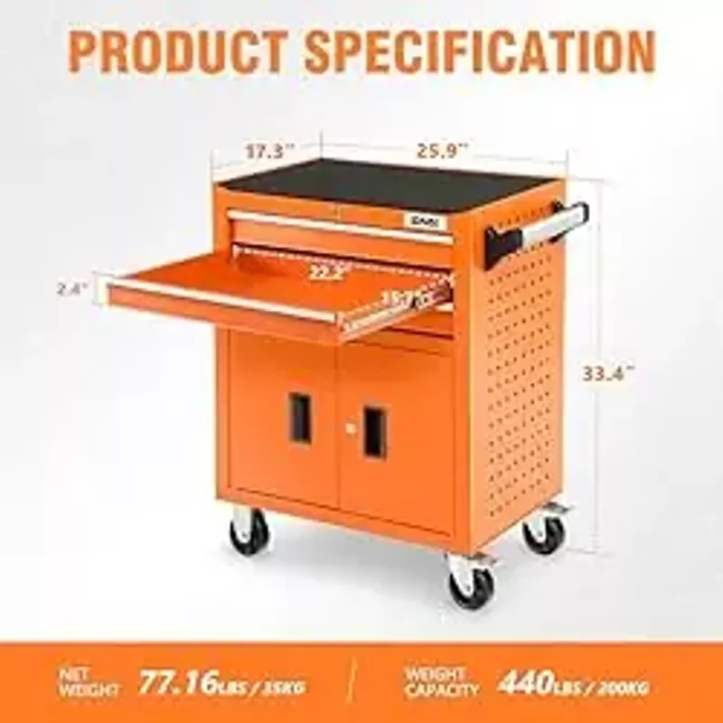 DNA MOTORING 3-Drawers Rubber Top Utility Rolling Tool Chest Cabinet with Wheels, Heavy Duty Industrial Service Cart Keyed Locking System, for Garage Warehouse Workshop, Orange, TOOLS-00405