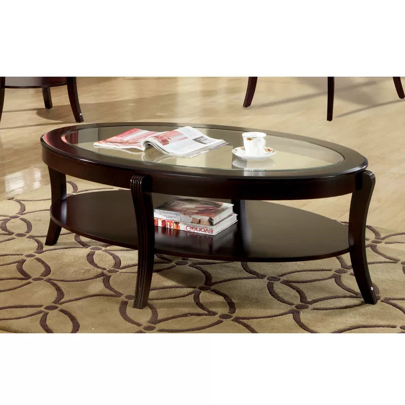 Contemporary Glass Top 1-Shelf Coffee Table in Espresso