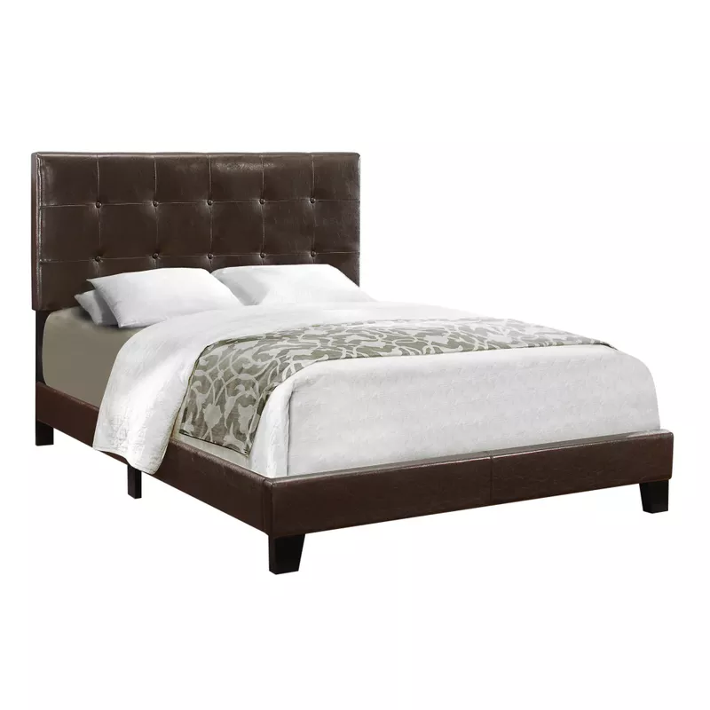 Bed/ Full Size/ Platform/ Bedroom/ Frame/ Upholstered/ Pu Leather Look/ Wood Legs/ Brown/ Transitional
