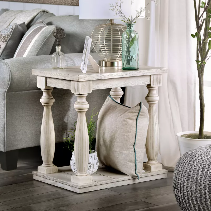 Rustic Wood Open Shelf End Table in Antique White