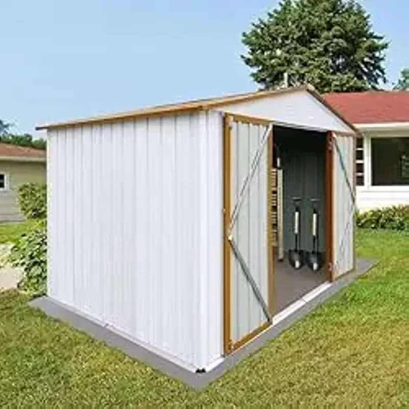 sakulawa 6FTx8FT Storage Shed, Lockable Outdoor Storage Shed, Shutter Vents Metal Shed Frame, Steel Storage House, Lockable Door, Waterproof Roofs, Backyard Patio Lawn, White + Offee