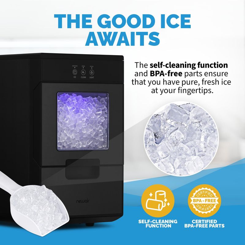 Newair 44lb. Nugget Countertop Ice Maker with Self-Cleaning Function, Refillable Water Tank, Perfect for Kitchens, Offices, Etc - Black