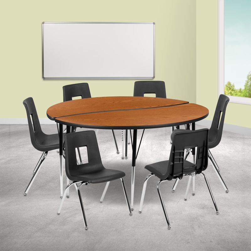 60" Circle Wave Collaborative Laminate Activity Table Set with 16" Student Stack Chairs, Grey/Black - Oak