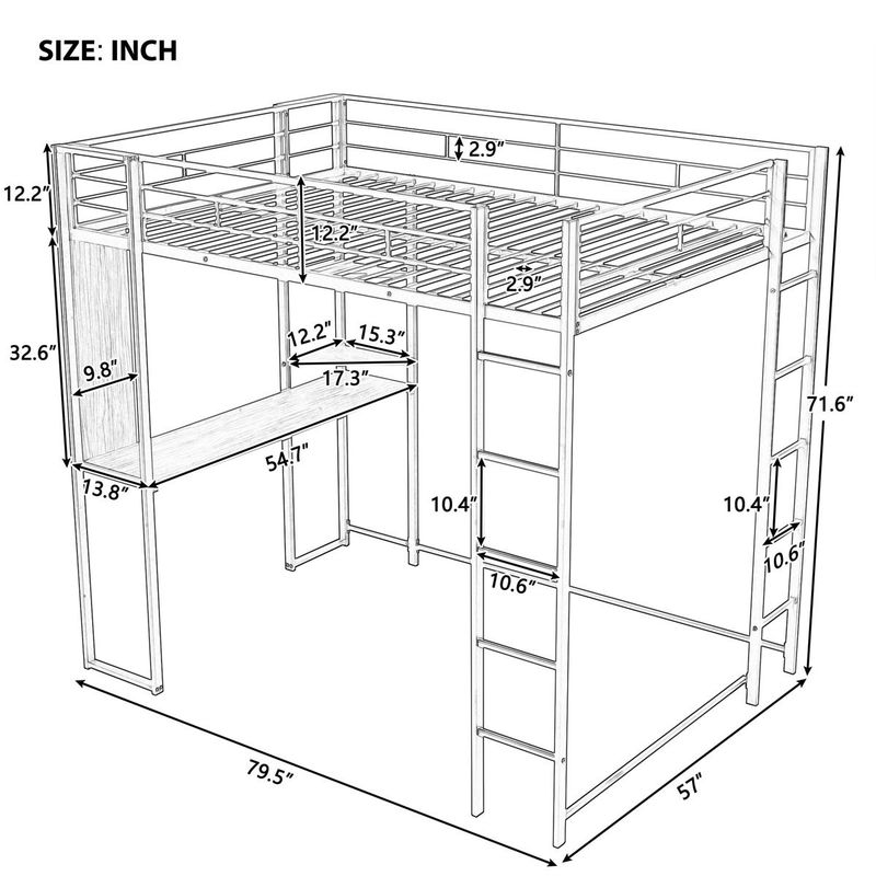 Merax Metal Full Size Loft Bed with Desk - Black